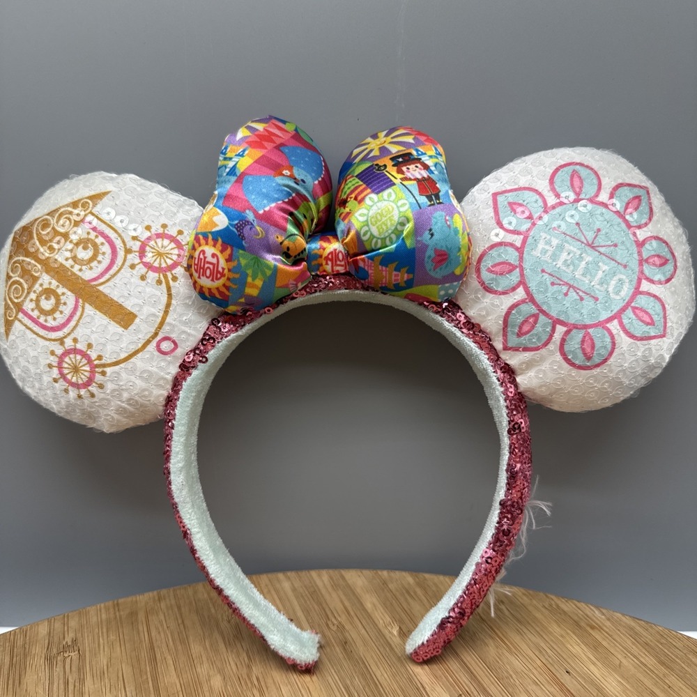 Disney Parks It's a Small World Clock Sequin Minnie Mouse Ear Bow Headband
